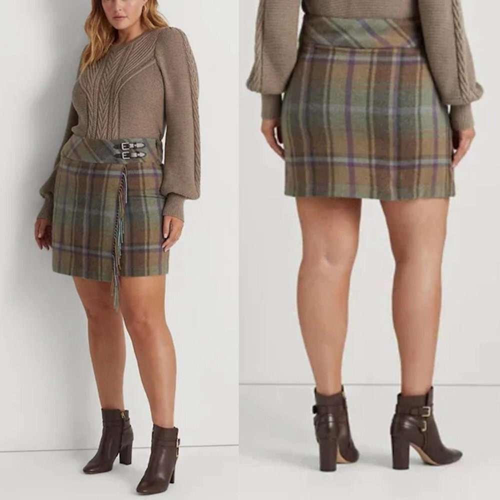 Nwt New $225 Ralph Lauren Wool Plaid Fringe-Trim Tweed Mini Skirt Size 16
